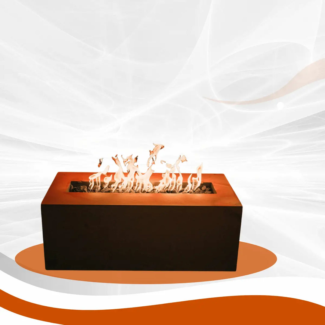 Fire Pit Art linear fire pit with rectangular design and long flame burner in modern outdoor style setting.