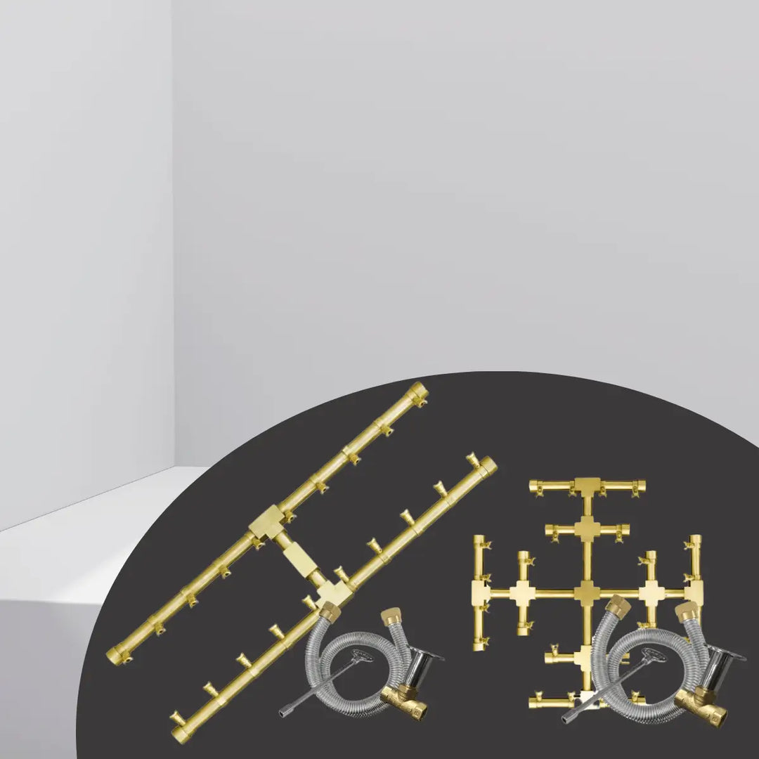 Firegear fire pit burner kits with brass burners, gas hoses, control valves, and ignition tools for custom outdoor fire pit setups.