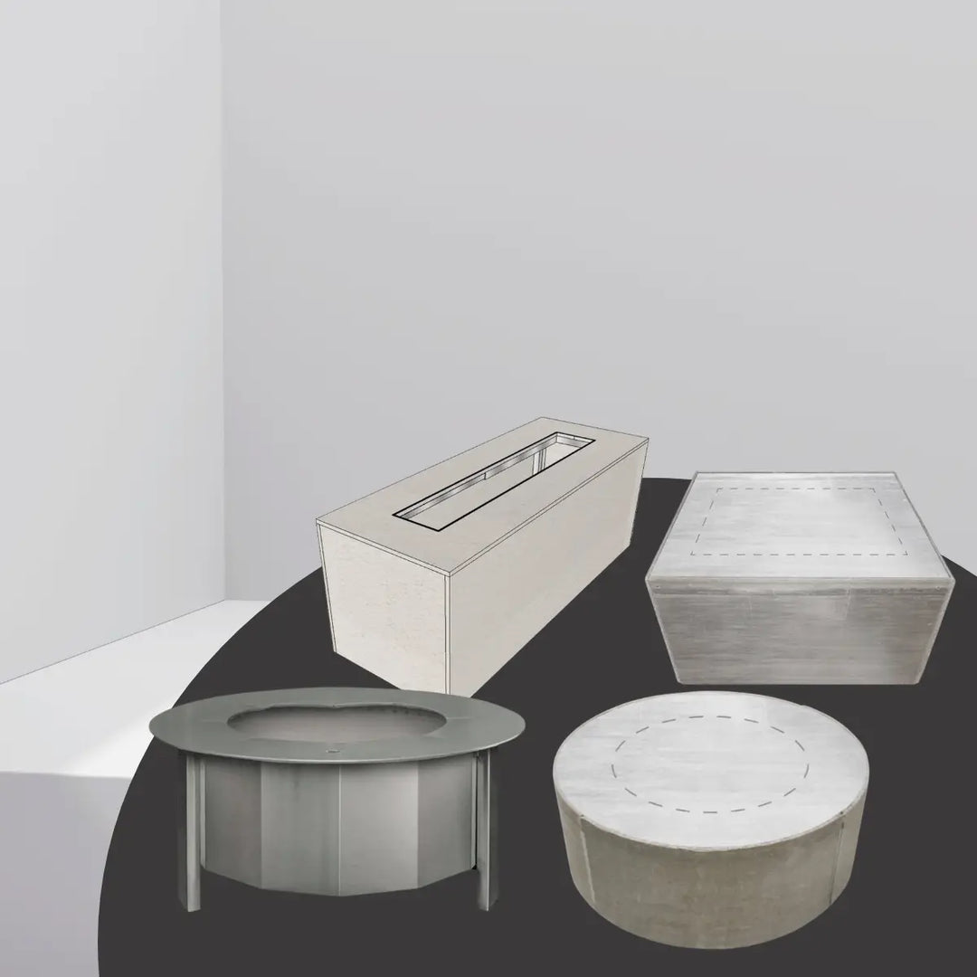 Firegear Fire Pits Collection with modern round, square, and linear fire pit enclosures in sleek finishes.