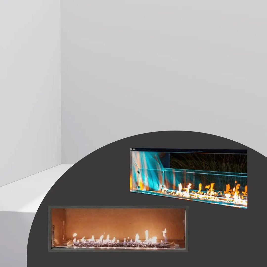 Firegear Fireplaces Collection featuring modern linear gas fireplaces with glass panels and vibrant flames.