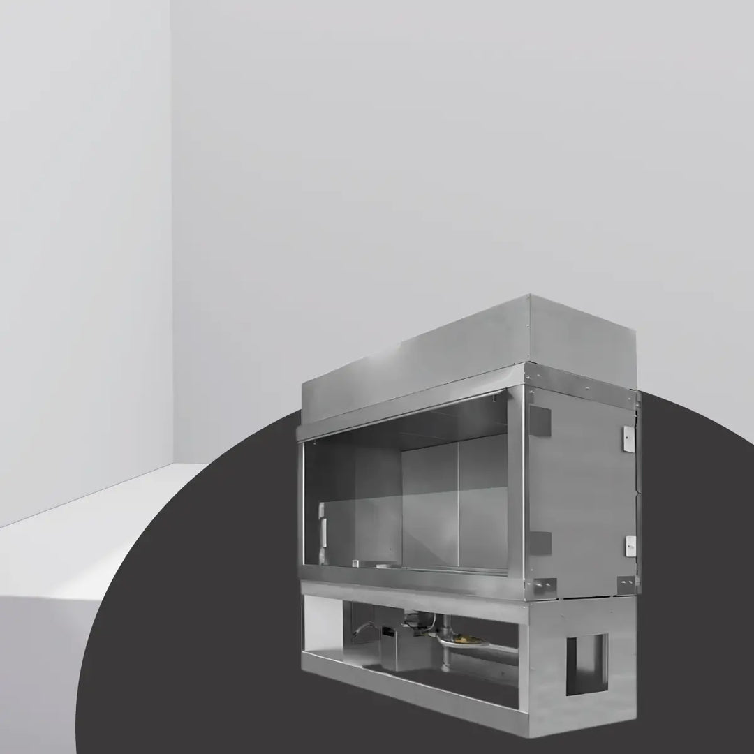 Firegear freestanding outdoor fireplace with stainless steel frame, open firebox design, and integrated gas components for modern patio heating.