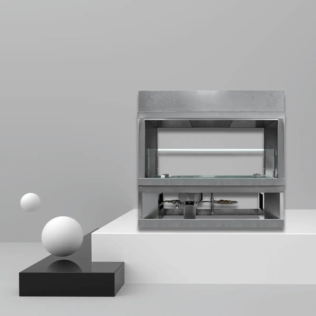 Firegear Kalea Bay fire feature with stainless steel frame and glass enclosure for modern outdoor linear fire pit design.