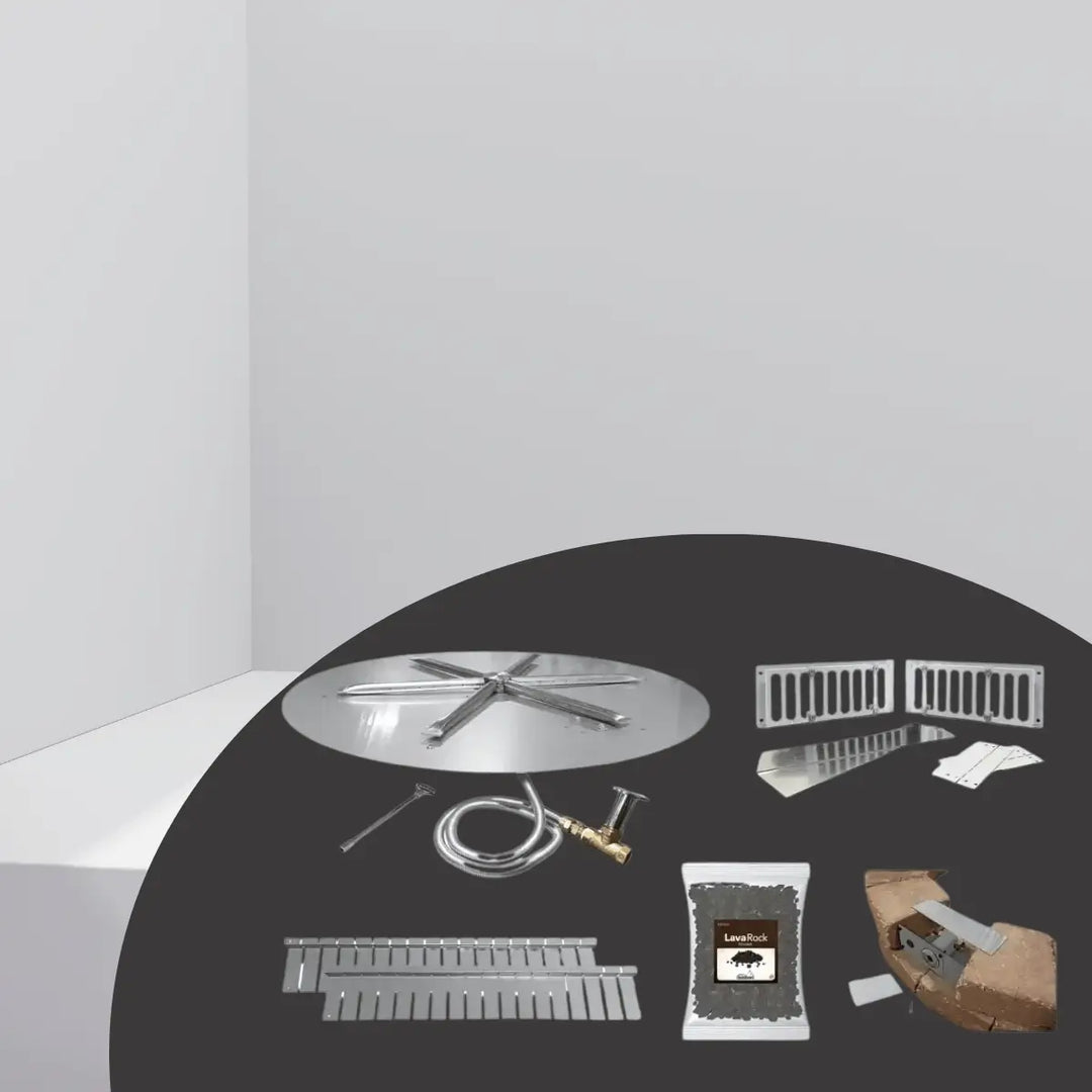 Firegear paver control panel kit TMSI with stainless steel burner, gas hose, vent panels, lava rock, and fire pit installation components.