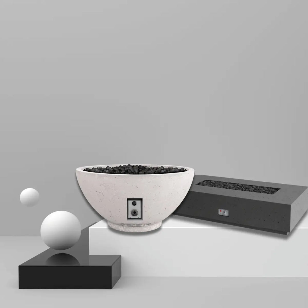 Firegear Sanctuary Series fire pit tables collection with modern concrete bowl and rectangular designs filled with lava rocks for outdoor spaces.