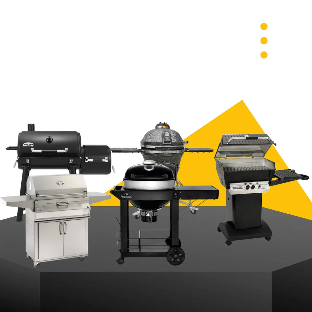 Freestanding charcoal grills collection with kettle, kamado, and barrel-style BBQ grills in a modern outdoor cooking display.