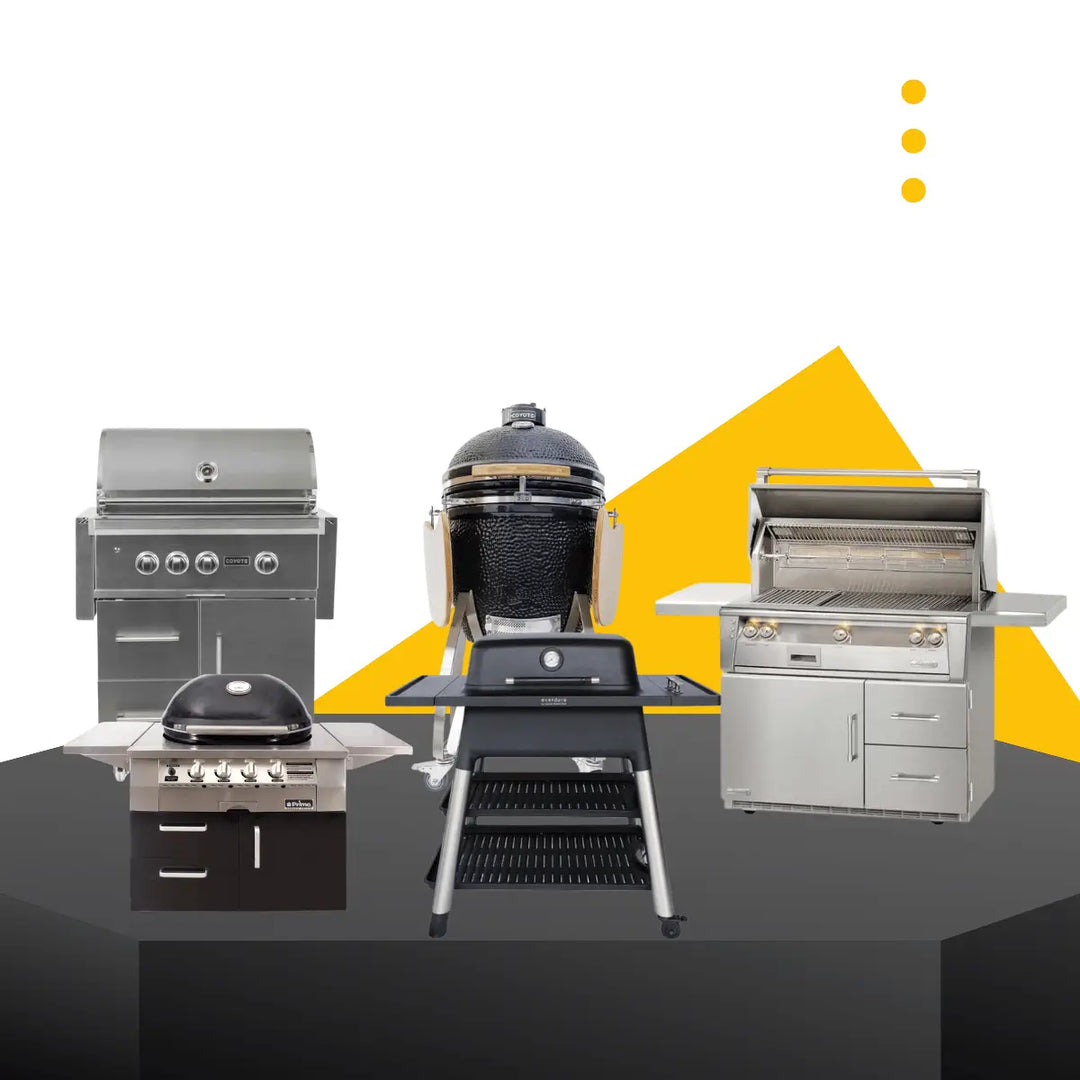 Freestanding grills collection featuring gas, ceramic kamado, and stainless steel outdoor BBQ grills in a modern display setting.