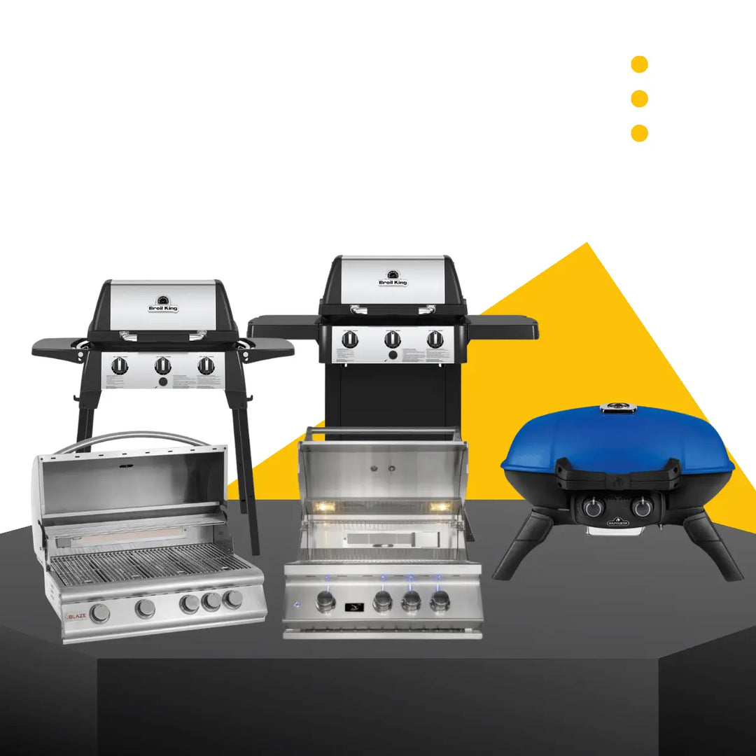 Gas grills collection featuring freestanding, built-in, and portable BBQ grills in stainless steel and modern outdoor cooking design.