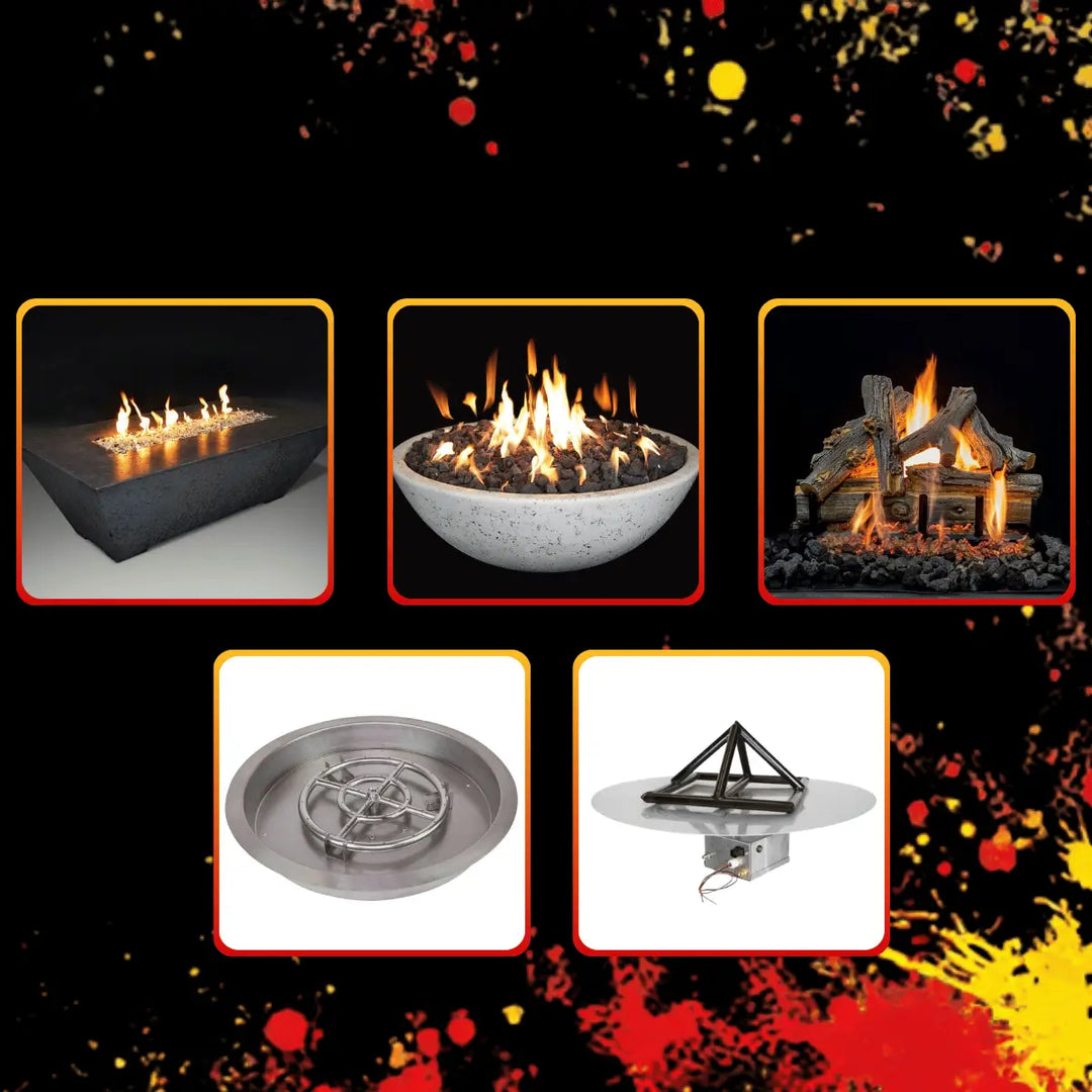 Grand Canyon Black Friday collection with fire pit tables, gas log sets, burner kits, and outdoor fire features on dark sale background.