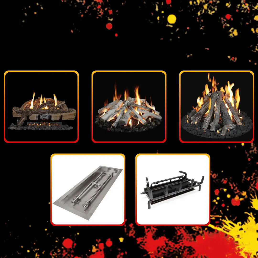 Grand Canyon Black Friday collections with gas log sets, fire burners, and fireplace kits displayed on bold dark sale background.