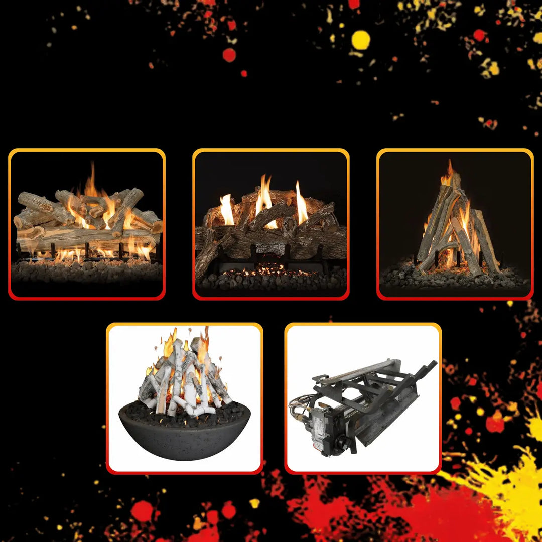 Grand Canyon Black Friday Edition sale with gas log sets, fire pit bowl, and fireplace burner kit on bold dark background.