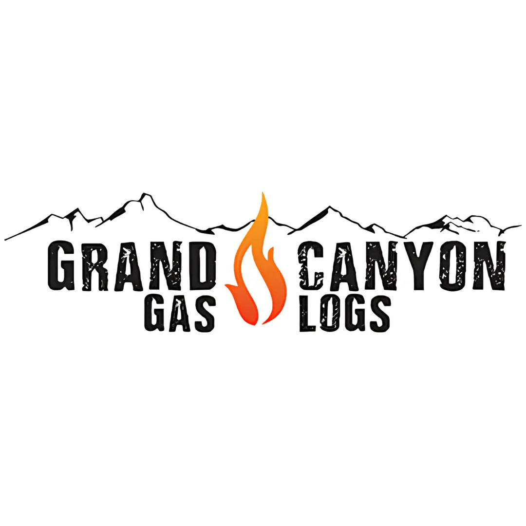 Grand Canyon Gas Logs logo with mountain silhouette and flame icon representing premium fireplace and outdoor gas log products.