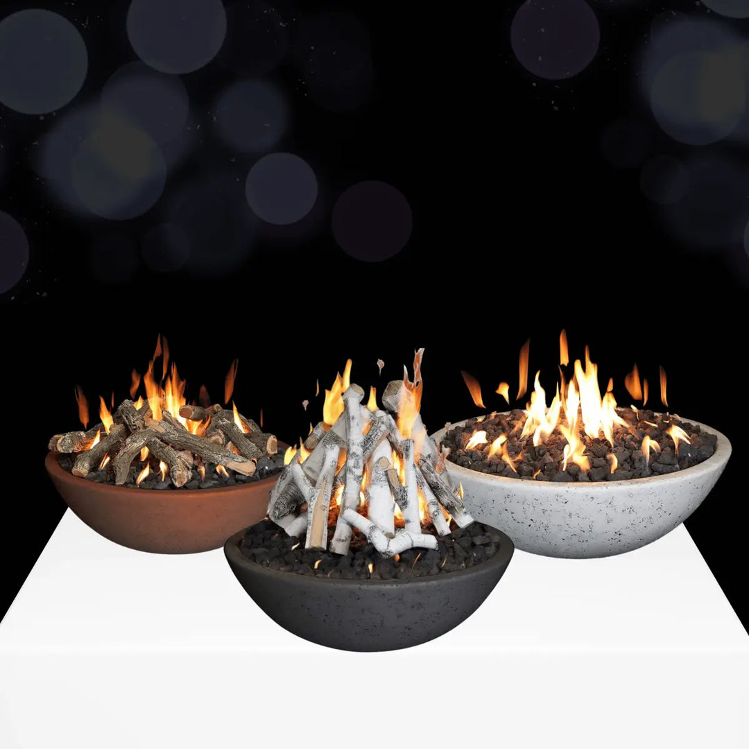 Grand Canyon fire pit bowls collection with modern round designs, lava rocks, and bright flames for stylish outdoor heating and ambiance.