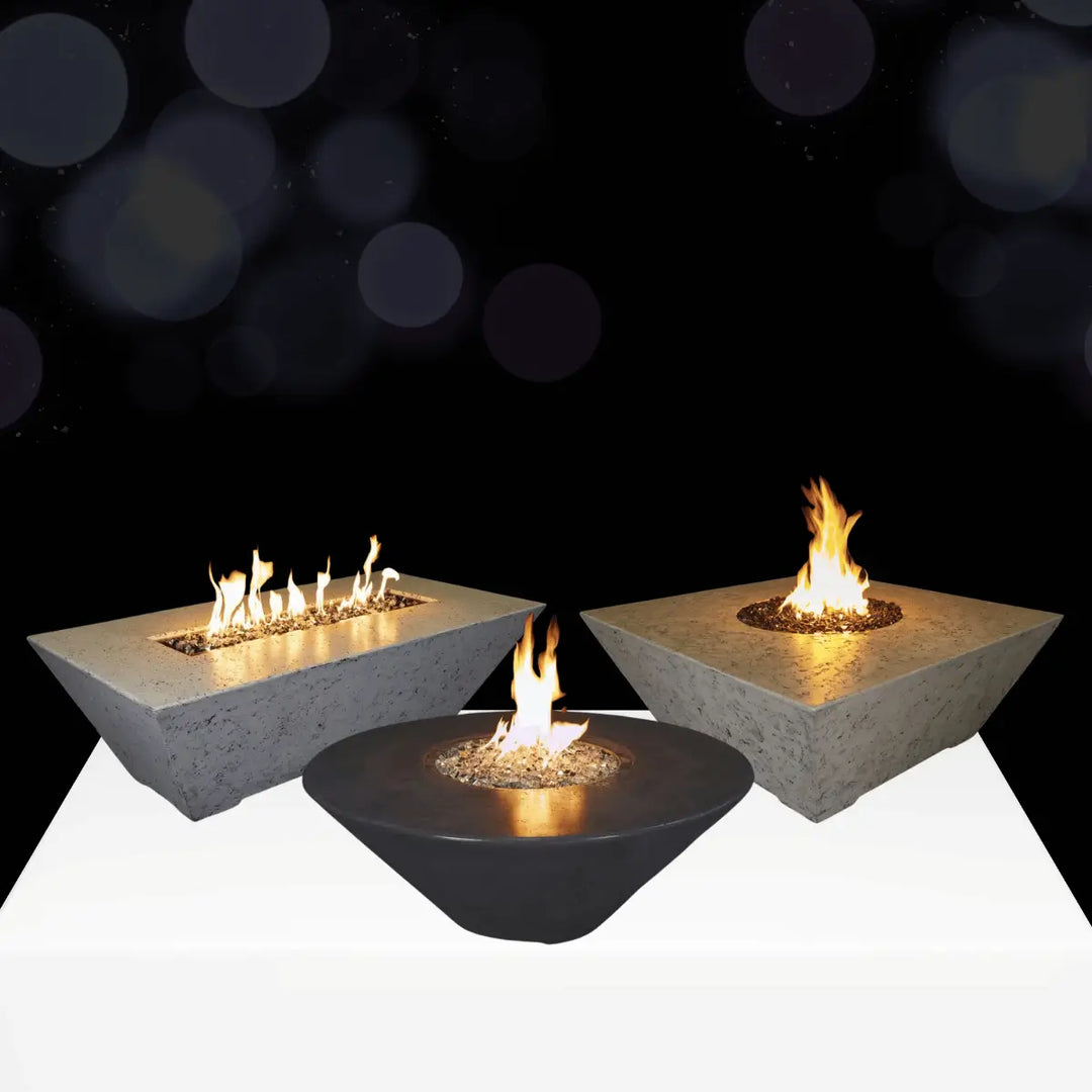 Grand Canyon fire pit tables collection with modern concrete designs, glowing flames, and decorative fire glass for outdoor living spaces.