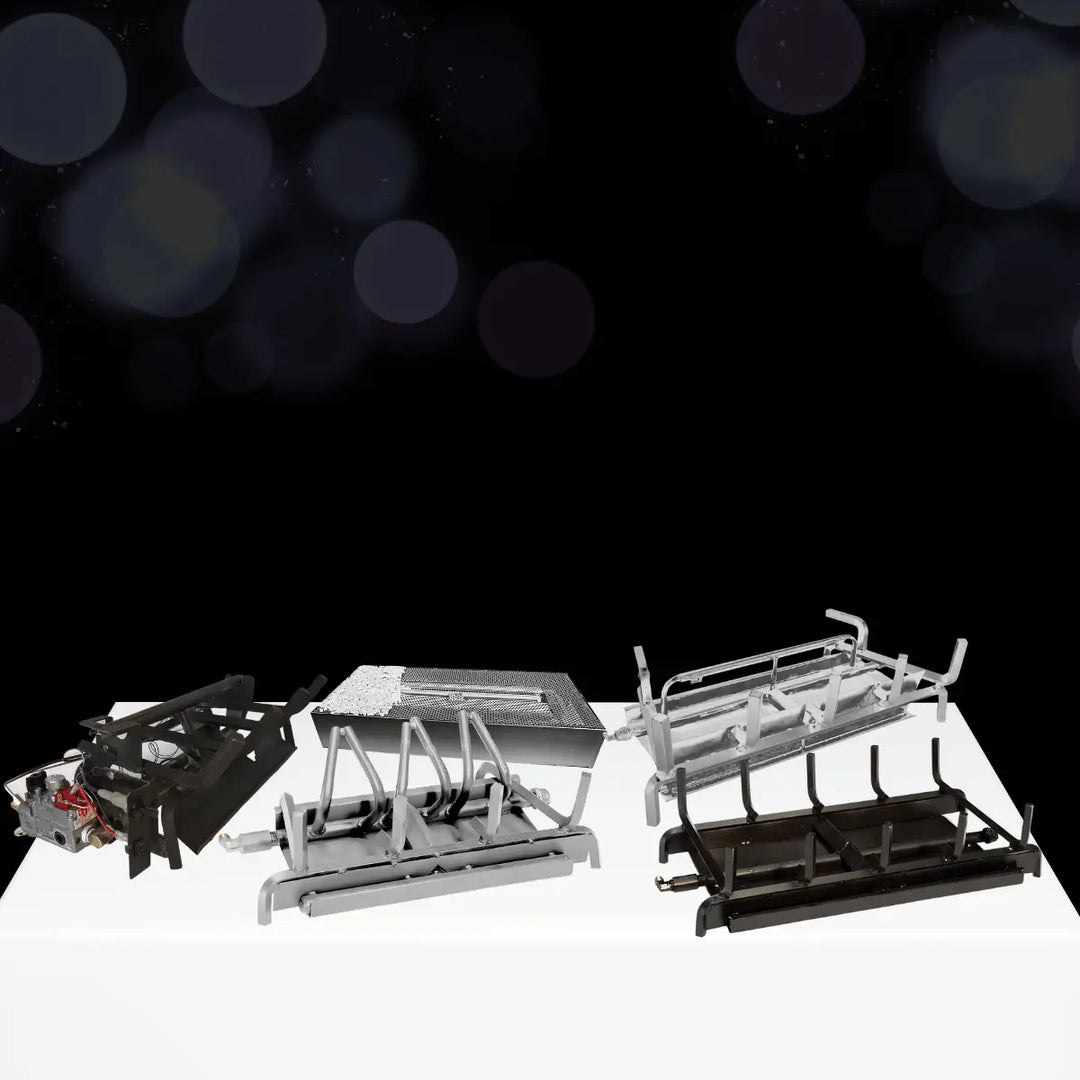 Grand Canyon fireplace burners collection with metal gas burner assemblies designed for efficient indoor fireplace flame performance.