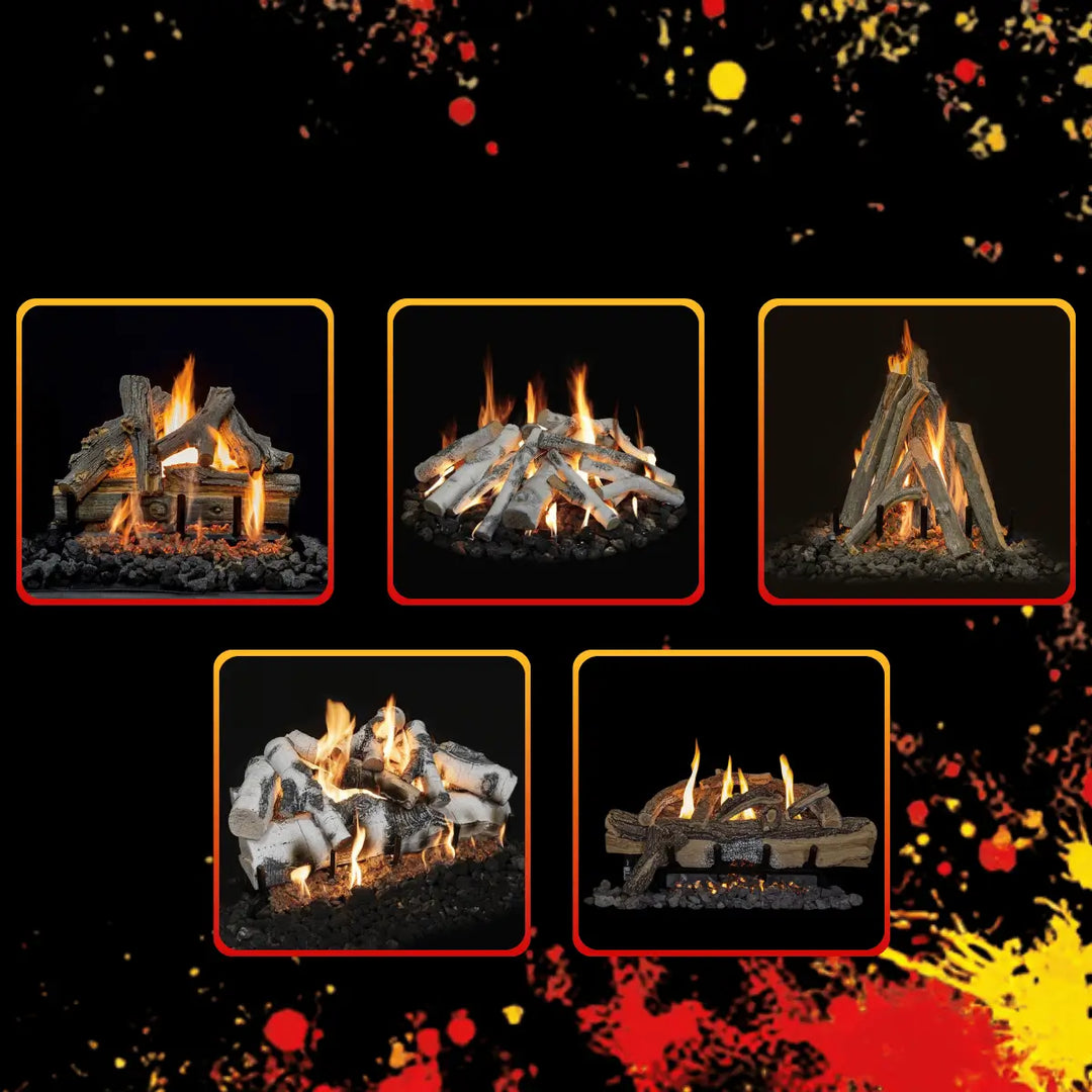 Grand Canyon gas log sets Black Friday collection featuring realistic log styles with bright flames and glowing embers for fireplace upgrades.