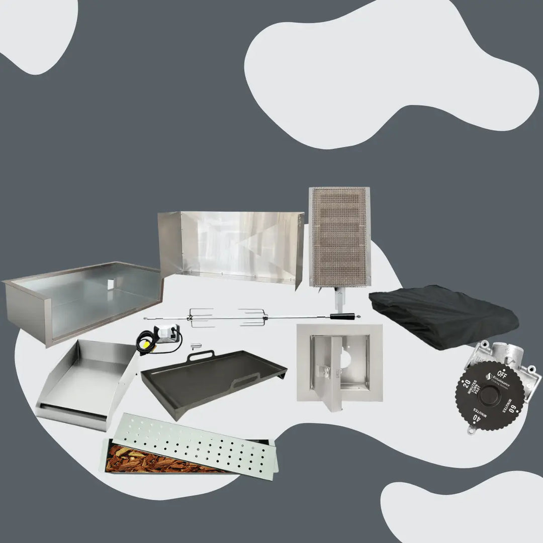 Renaissance Cooking Systems grill accessories collection featuring stainless steel trays, smoker box with wood chips, rotisserie kit, infrared burner, drip pans, grill cover, temperature control knob, and various outdoor BBQ components.