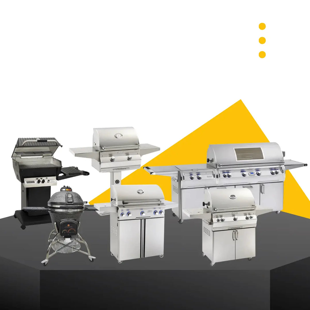 Grills and carts collection featuring stainless steel gas grills and mobile BBQ units with storage and side shelves.