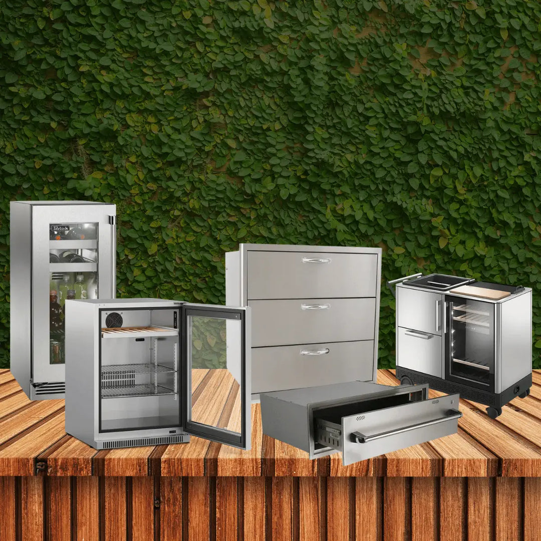 Grills doors drawers cabinets collection with stainless steel outdoor kitchen storage, refrigerators, and built-in cabinets for BBQ setups.