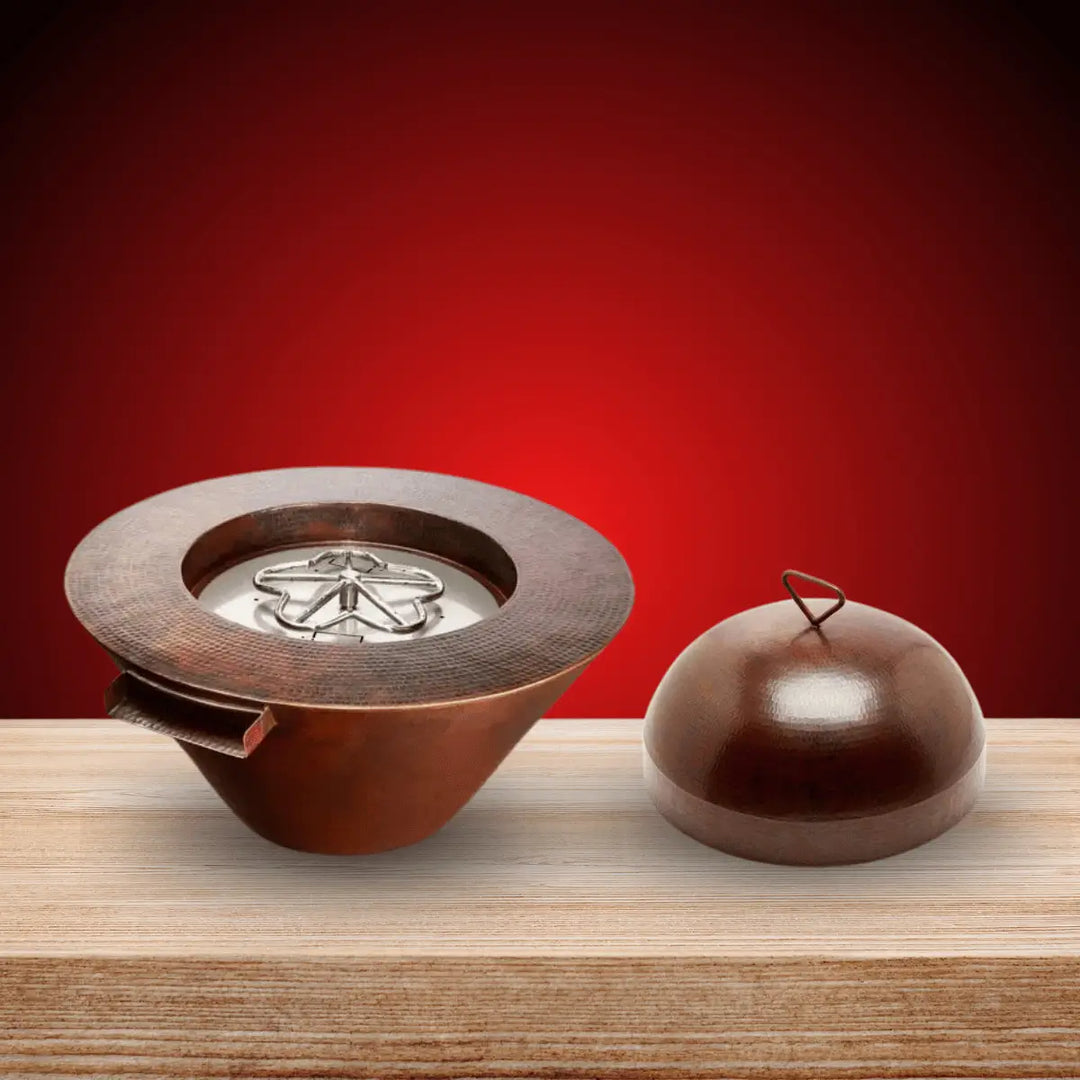 HPC Fire Mesa Series copper fire bowl collection with decorative cover and premium outdoor fire pit design.