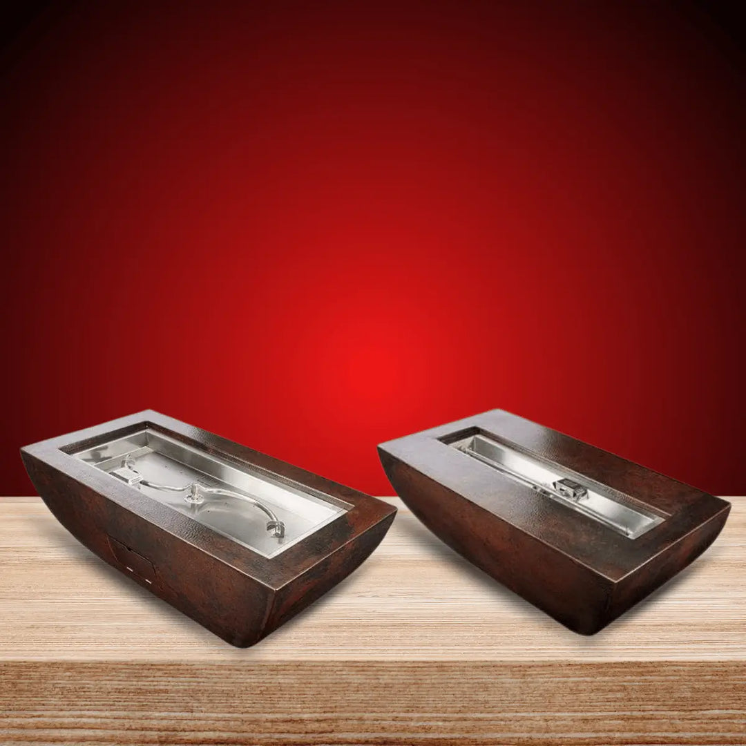 HPC Fire Phoenix Series rectangular copper fire troughs with stainless steel burners for outdoor fire pits.