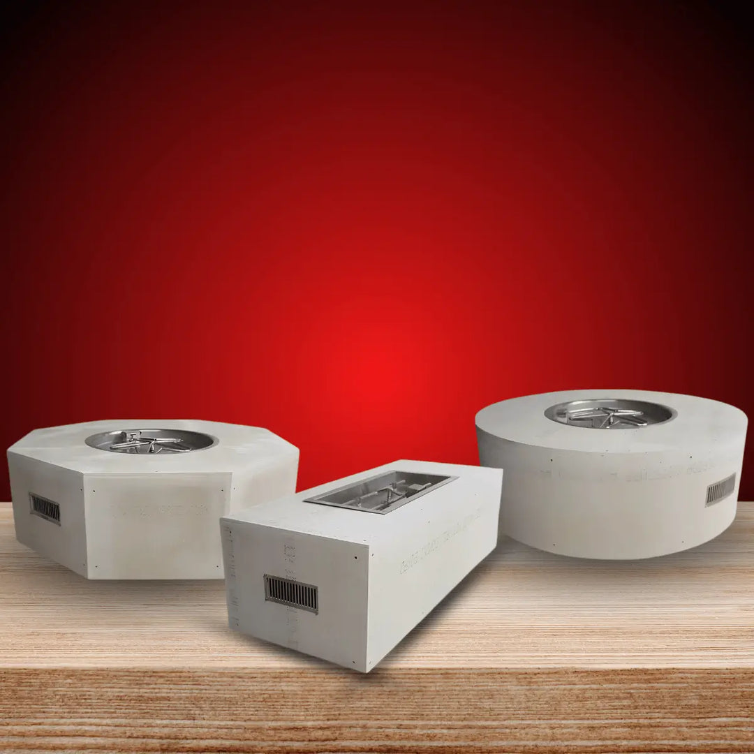 HPC Fire Pits Collection featuring modern concrete gas fire pits with stainless steel burners for outdoor spaces.