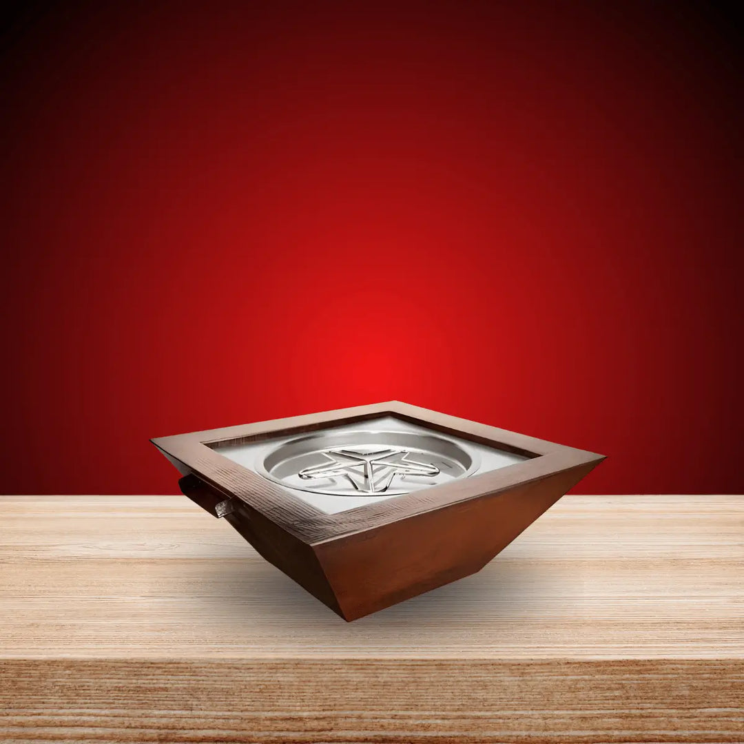 HPC Fire Sedona Series square copper fire bowl with stainless steel burner for modern outdoor fire features.