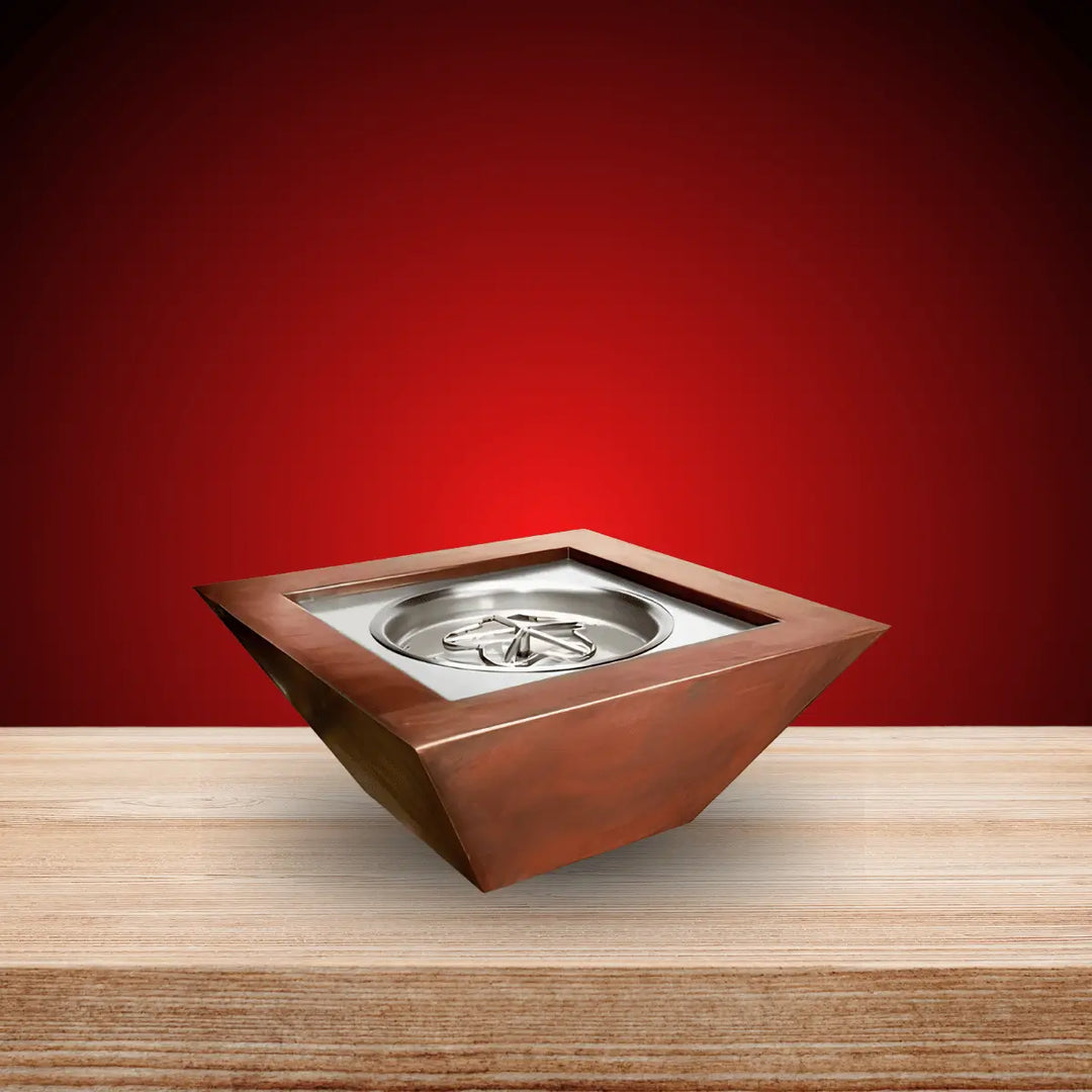 HPC Fire Sierra Series square copper fire pit with stainless steel burner and modern outdoor fire feature.