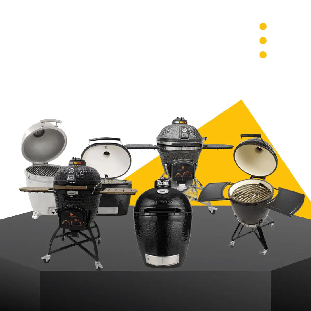 Kamado grills collection featuring ceramic charcoal grills with open lids and modern outdoor cooking design display.