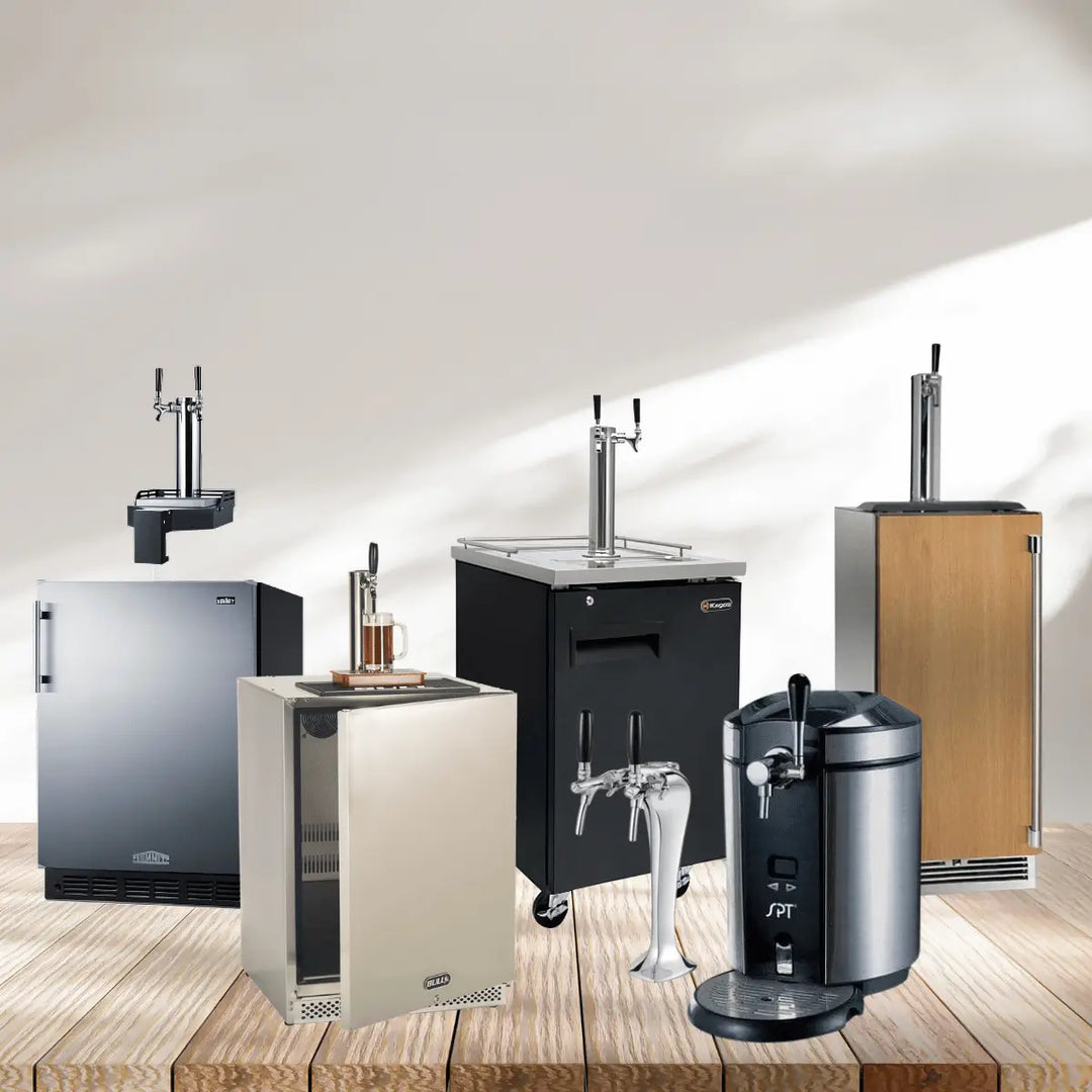 Kegerators collection with stainless steel beer dispensers, dual tap towers, compact countertop unit, and draft beer systems for home use.
