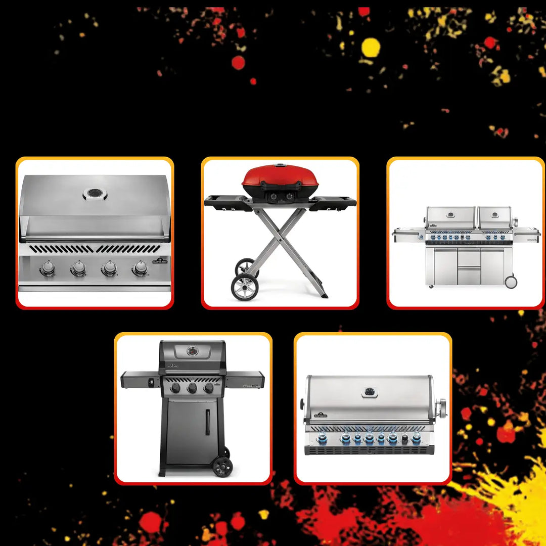 Napoleon Black Friday Edition sale collection featuring stainless steel gas grills, portable red lid grill, and freestanding BBQ grills on bold black background with red and yellow accents