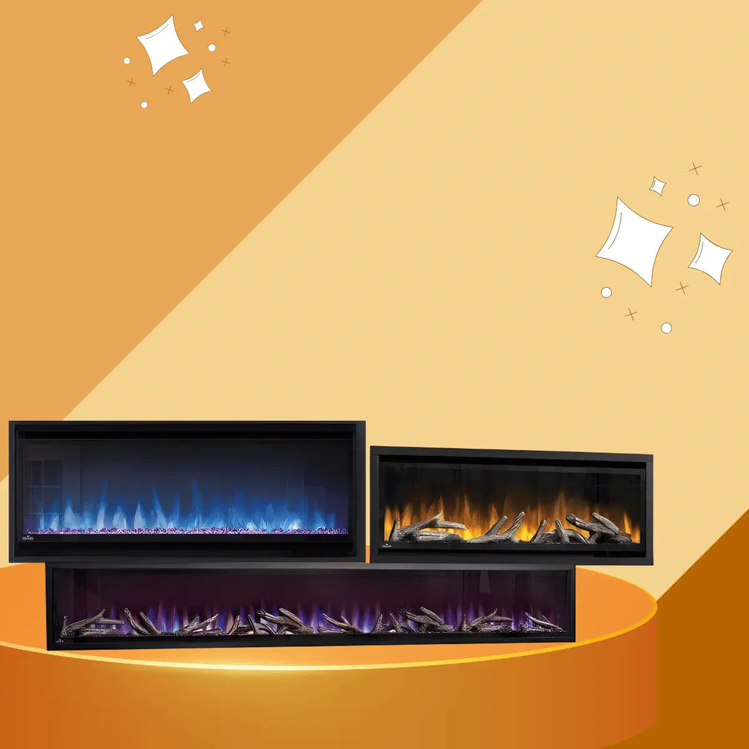 Napoleon Alluravision Series linear electric fireplace collection with customizable blue, purple, and orange flame effects and modern black frames.