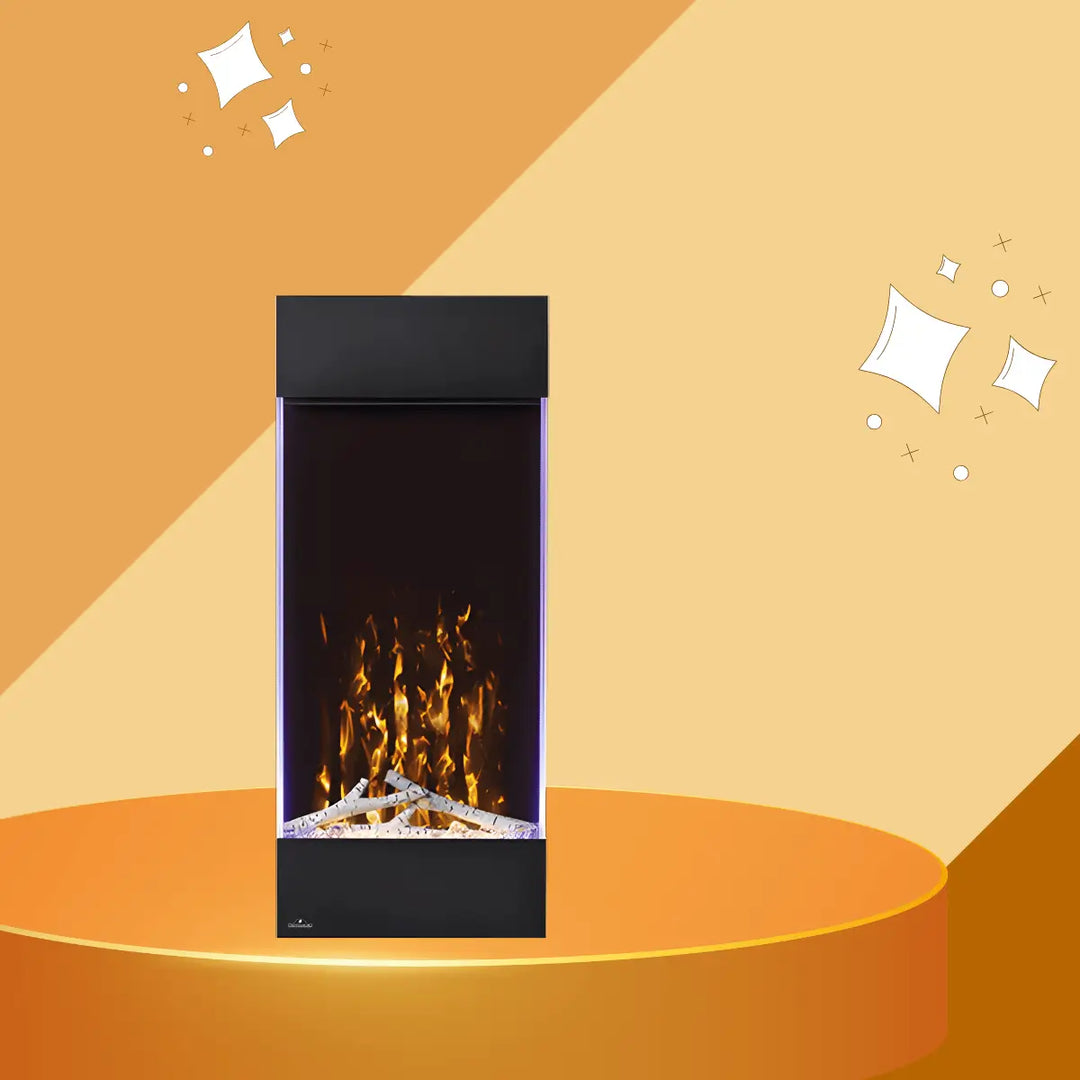 Napoleon Allure Series vertical electric fireplace with sleek black frame, realistic flames, and birch log media.