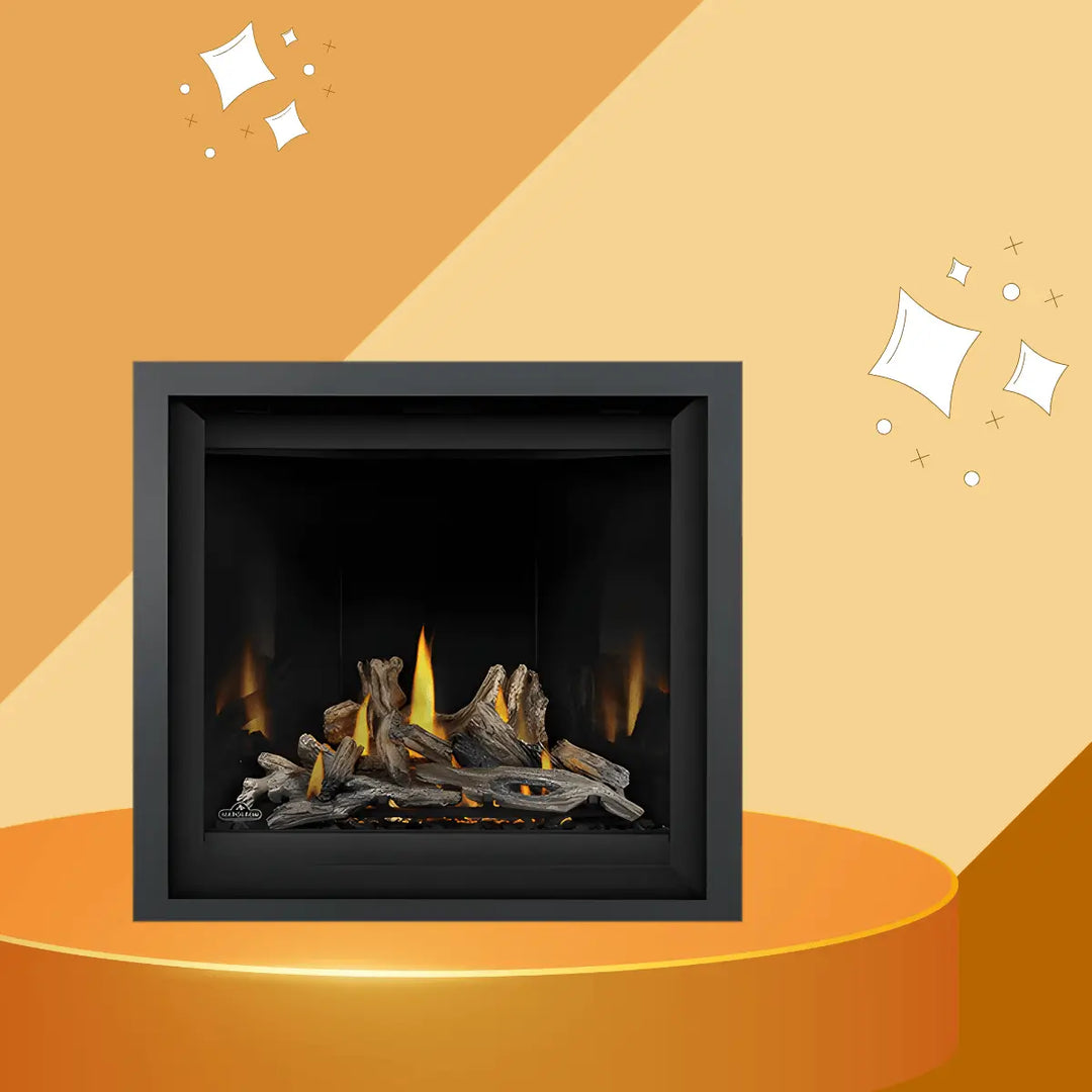 Napoleon Altitude X Series fireplace with realistic driftwood logs, glowing ember bed, and modern black square frame.