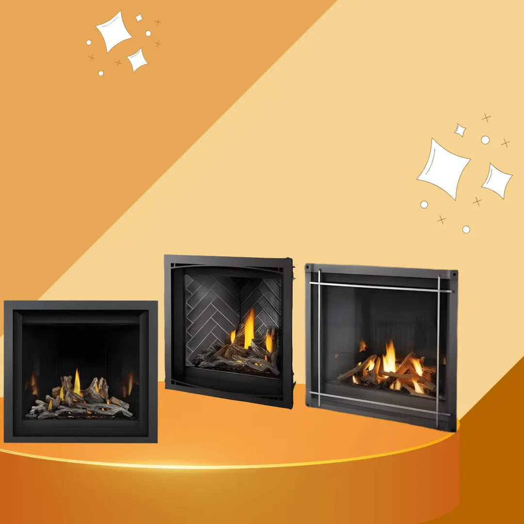 Napoleon Altitude Series gas fireplaces collection with modern black frames and realistic log flames.