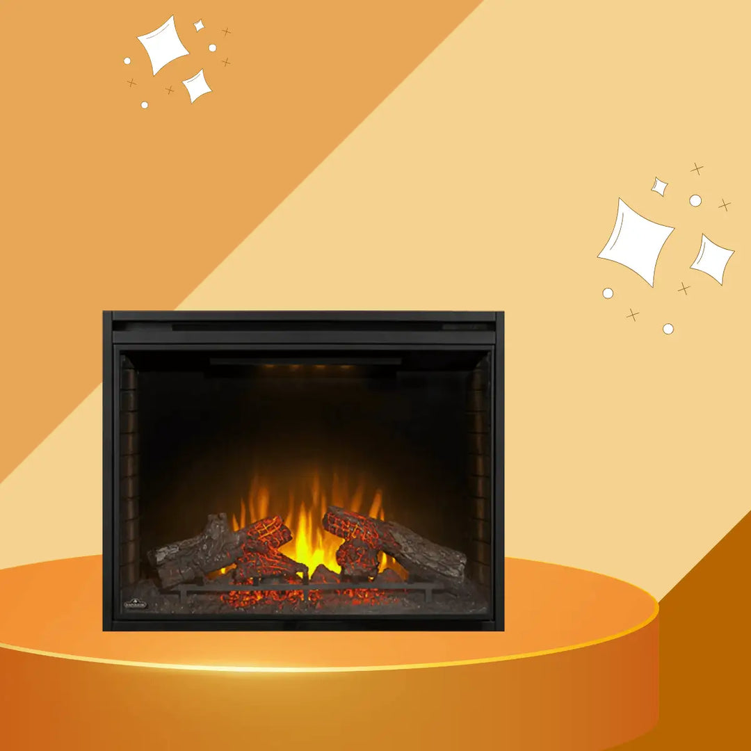 Napoleon Ascent electric fireplace with realistic log set, glowing ember bed, and warm orange flame display.
