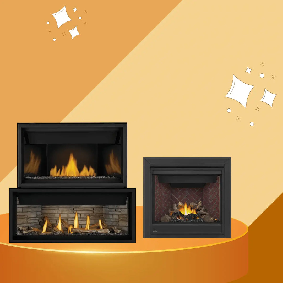 Napoleon Ascent Series gas fireplaces collection featuring linear and traditional fireplace designs with realistic flames, log sets, and modern black frames for indoor heating and style
