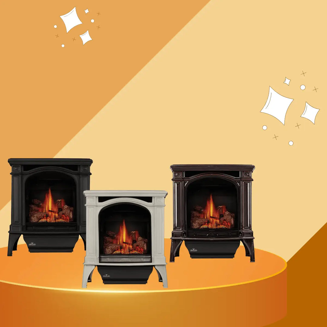 Napoleon Bayfield Series direct vent gas stove collection in black, ivory, and brown finishes.