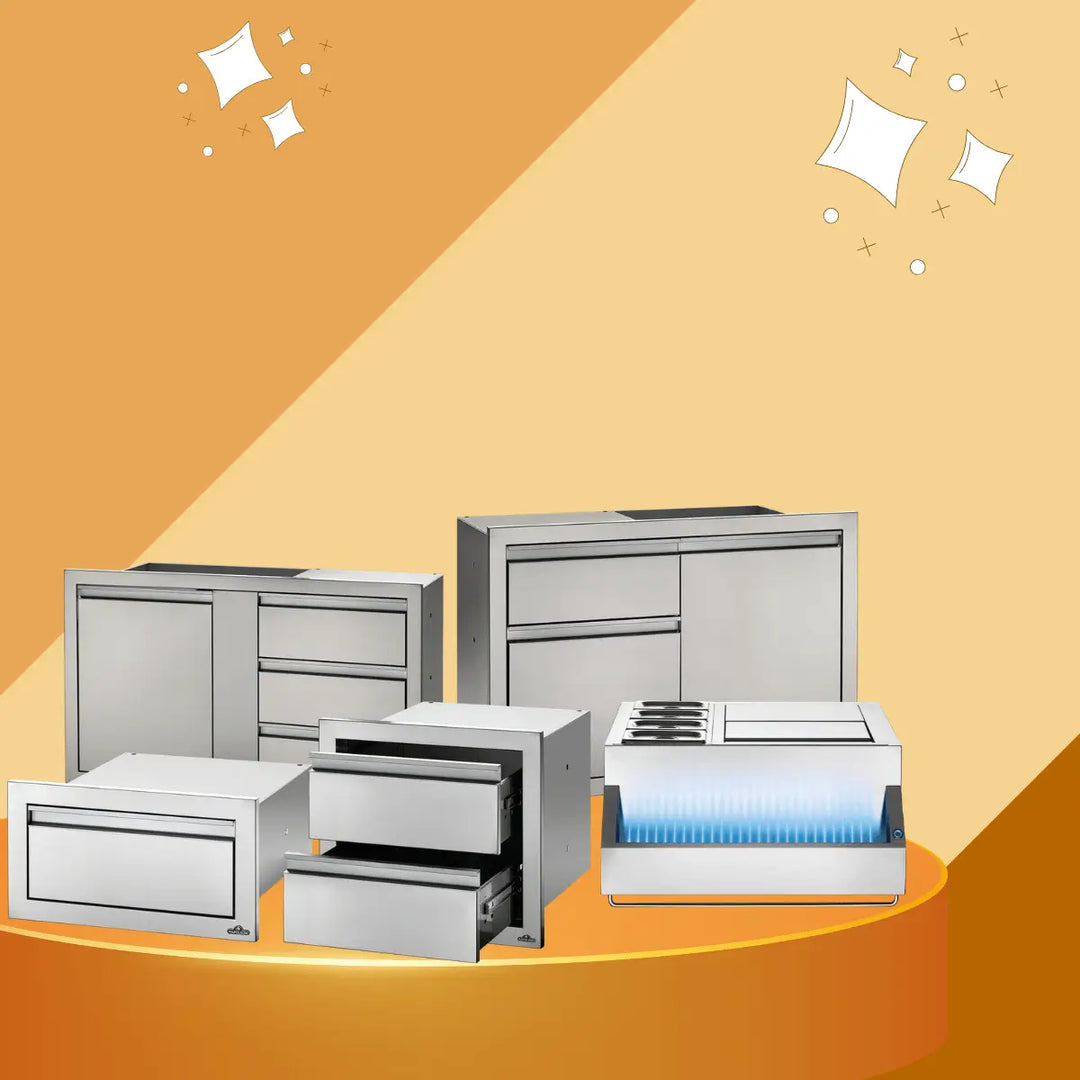 Napoleon built-in components collection featuring stainless steel outdoor kitchen drawers, cabinets, storage doors, and side burner units for custom BBQ island setups