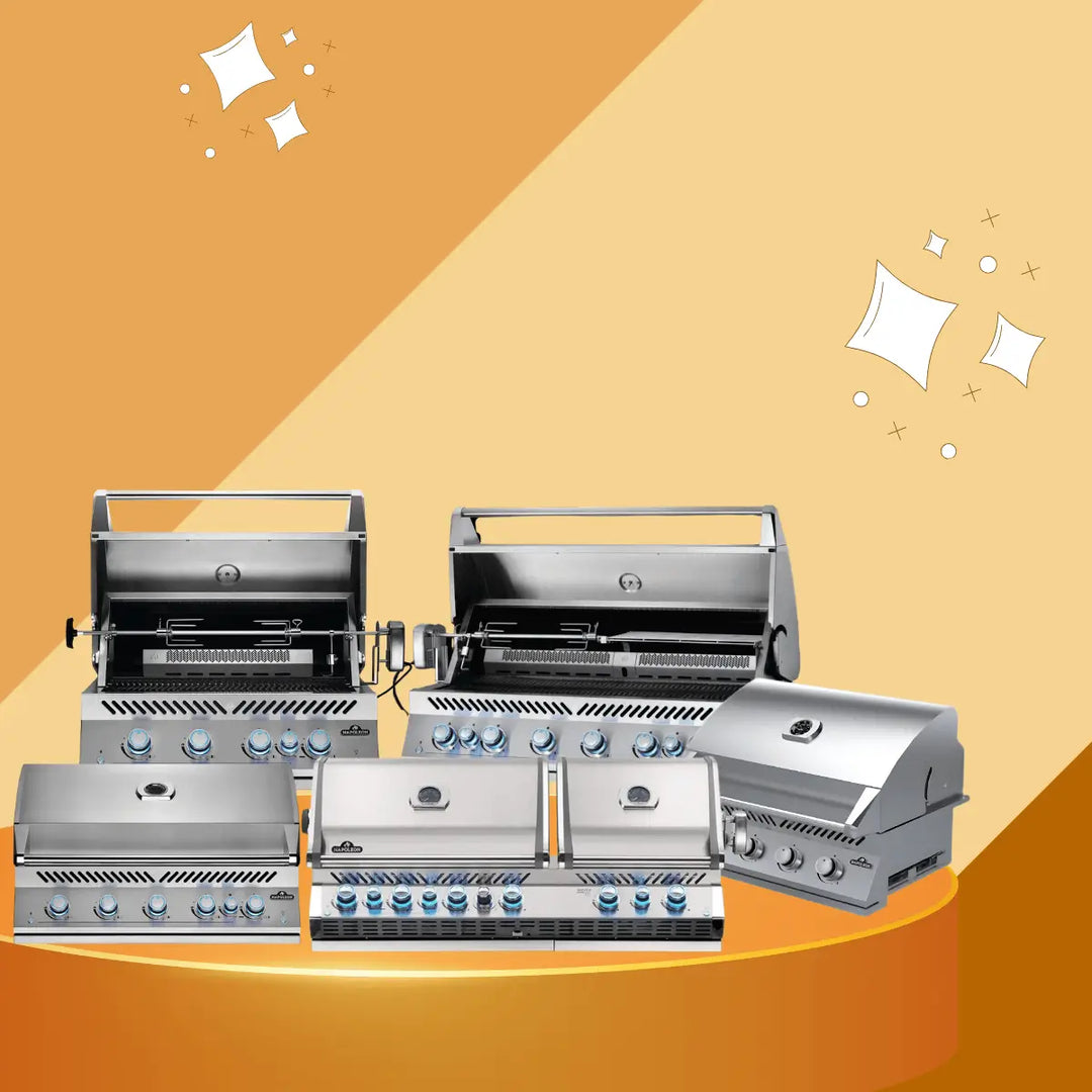 Napoleon built-in grills collection featuring multiple stainless steel outdoor gas grills with open lids, rotisserie systems, and illuminated control knobs, ideal for premium outdoor kitchen installations