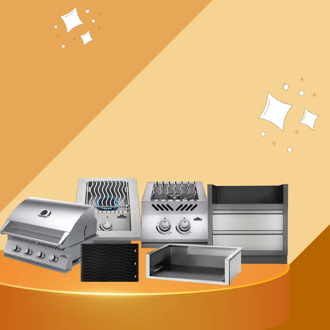 Napoleon Built-in 500 Series outdoor kitchen collection with stainless steel grill, side burners, and integrated storage components.