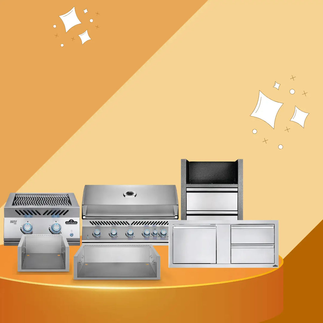 Napoleon Built-in 700 Series stainless steel outdoor kitchen collection with premium grill, sear station, and storage cabinets.