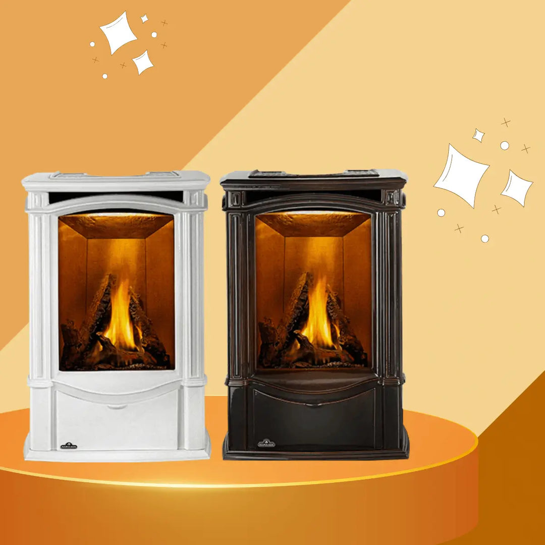 Napoleon Castlemore direct vent gas stove collection with traditional cast iron design and realistic log flames.