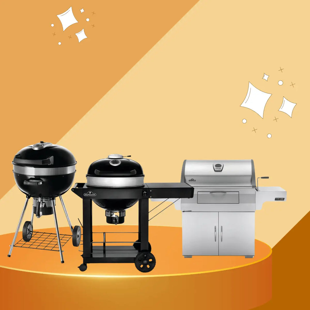 Napoleon charcoal grills collection featuring kettle grills, cart-style charcoal BBQ grills, and outdoor cooking units with classic design for authentic charcoal grilling experience