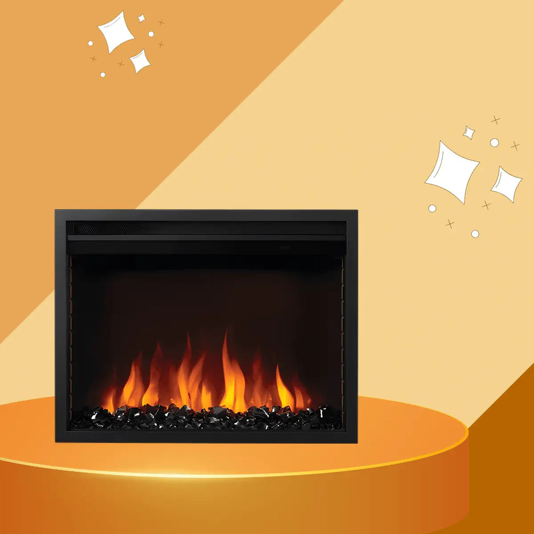 Napoleon Cineview 26 electric fireplace insert with modern black frame, orange LED flames, and crystal ember media.