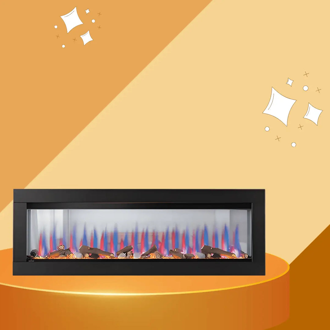 Napoleon Clearion Series linear electric fireplace with red and blue flames, decorative logs, and sleek black frame on a modern display.