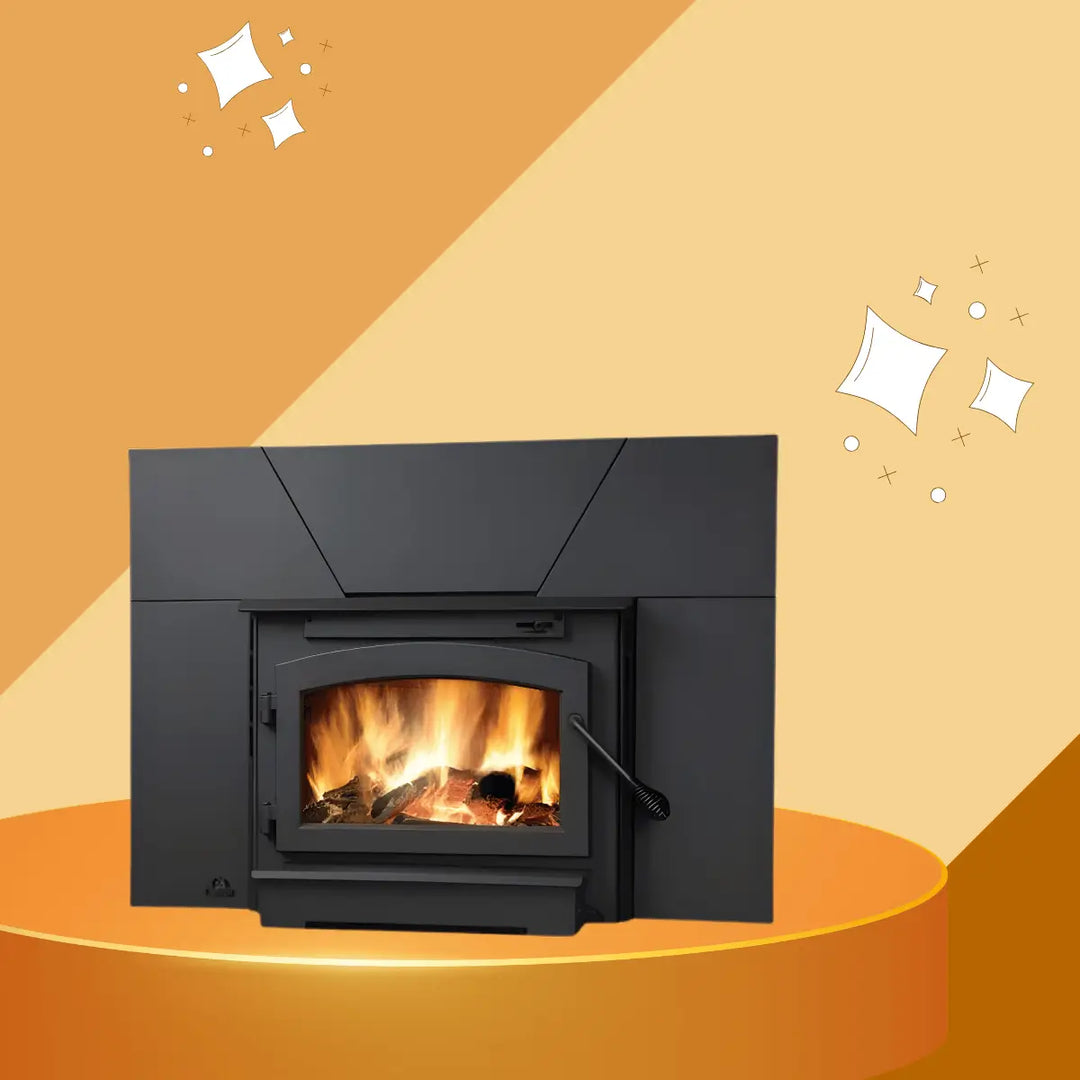 Napoleon Economizer Series wood-burning stove with glass viewing door and visible fire, high-efficiency steel fireplace insert for home heating
