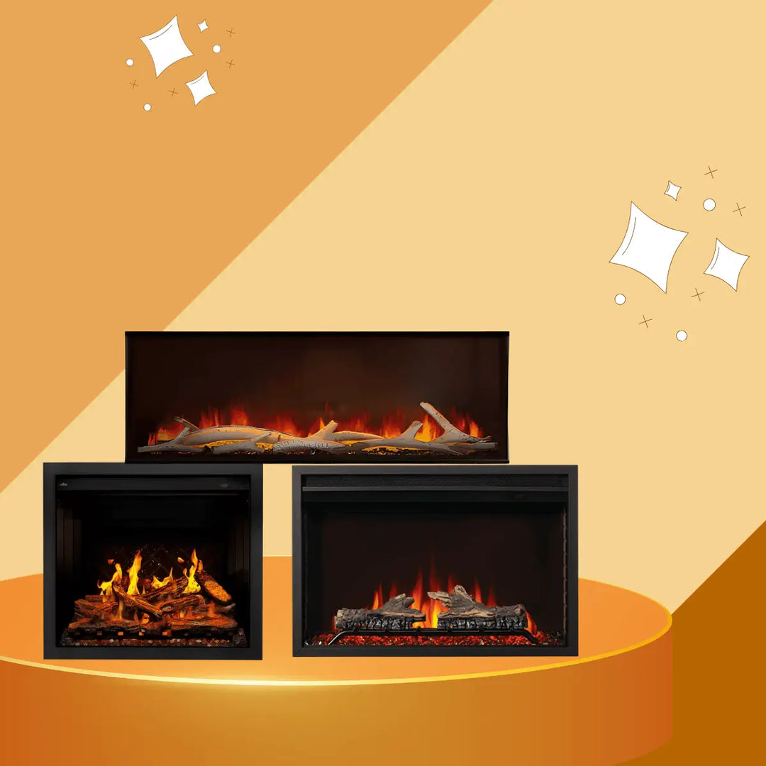 Napoleon electric fireplaces collection featuring modern wall-mounted and built-in electric flame fireplaces.
