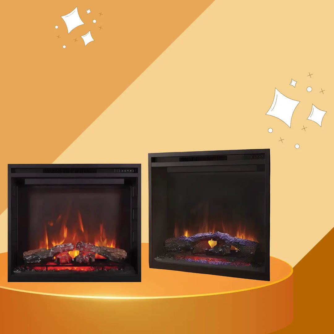 Napoleon Element Series electric fireplace collection with realistic log set, glowing ember bed, and modern black square frames.