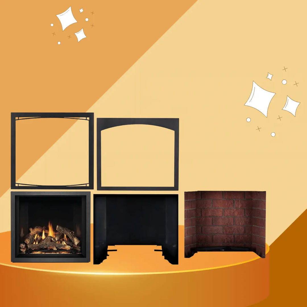 Napoleon Elevation Series gas fireplaces collection featuring modular fireplace components, decorative frames, firebox, and realistic flame display with log set on modern background