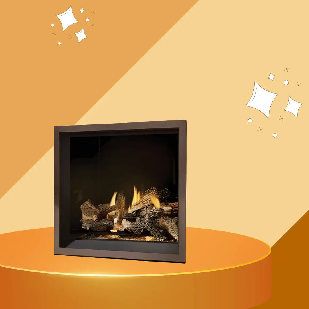 Napoleon Elevation X Series gas fireplace with a modern glass-front design and realistic log flame display.